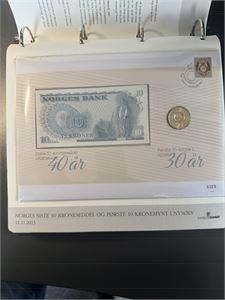 Norges siste 10 krone seddel og første kronemynt i nysølv