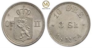 10 øre/3 skilling 1874 Oscar II. Kv.0