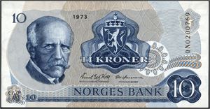 10 kroner 1973, serie QN 0200769. Erstatningsseddel. 0