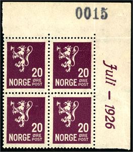 Norske 4- og 6-blokker fra 1916 til 1937, alle med marginaldatoer, montert i innstikkbok. Totalt 70 enheter inkludert noen få Offentlig Sak og Portomerker.