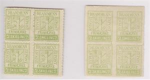Drammen S/A 1A  (Pihl 1) og 1U (Pihl 4a) Begge i 4-blokk der de to øverste merkene er hengslet.   1A har de to øverste merkene tynne flekker.   Attest NF  "Frimerkene er ekte"