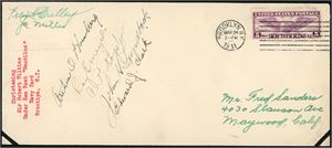 One US 5 c stamps on envelope, cancelled "Brooklyn NY Mar 24 1931". On the left side, written with typewriter "Christening Sir Hubert Wilkins Under Sea Boat "Nautilus" Navy Yard Brooklyn, N.Y.", together with 7 signatures of the crew. The Nautilus sailed to Spitsbergen and attempted to reach the North Pole without success.