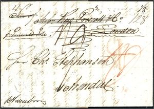 Komplett brev, datert "Lissabon den 19 Februar" og sendt først til London, og deretter videresendt til Arendal. Baksiden stemplet "London" både "27." og "28 Feb 1840" samt to stempler fra "Hamburg".
