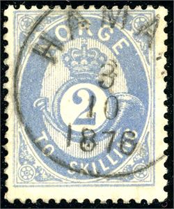 17. 2 skilling Posthorn i matt blå nyanse, stemplet "Hamar 3.10.1876".