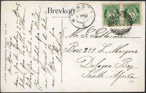 76. To 5 øre Posthorn på postkort til Sør-Afrika, annullert med 4-rings "293" (Spedalen, Fjære AA), og ved siden "Grimstad 1.8.09".
