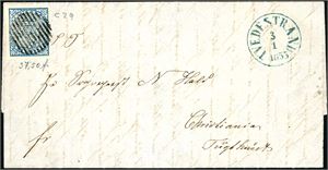 1. 4 skilling våpen 1855 på på komplett brev, anert med 11-streks riststempel og ved siden "Tvedestrand 3.1.1855". Merket med gode- til normale marger. Brevet er datert 2. januar! Attest FCM.