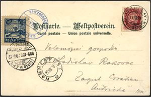 77,Spitsbergen E 2. 10 øre posthorn på postkort, stemplet "Advent Bay Spitsbergen 17.8.99". Ved siden påsatt en "Polar-post" etikett, stemplet "Spitsbergen Eisfjord 17.8.99" i blått samt stempelet "Hammerfest" og ankomststempel i Østerrike.