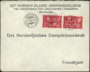 Et par hundre konvolutter, nær alle er frankert med Eidsvoldmerke, og sendt til Det Nordenfjeldske Dampskibsselskab i 1914. Flere med fine stempler fra mindre steder i Nord og noen med perfins (Holmboe, Mustad, Thv. Halvorsen, Bennet og Storm-Bull).