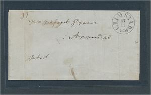 Prefrim svart "GRIMSTAD 17-11-1850". Betalt brev med et par bretter