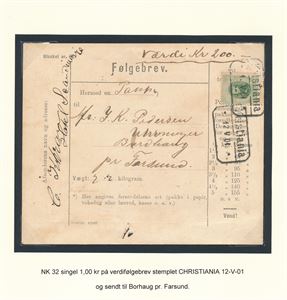 Nk 32 singel på verdifølgebrev stemplet "CHRISTIANIA 12 V 01" til Borhaug pr Farsund