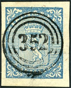 1. 4 skilling våpen 1855, anert med rettvendt nummerstempel "352" (Ørlandet, ST, 6 pkt). Gode marger. Meget pent.