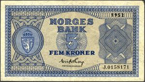5 kroner 1952, serie J.01581871. 1