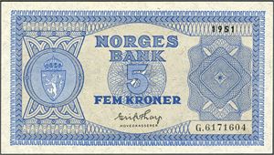 5 kroner 1951, serie G.6171604. 0