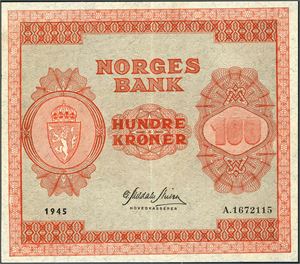 100 kroner 1945, serie A.1672115. 01