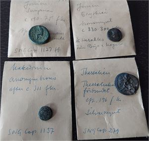 GREKLAND fyra antika grekiska mynt från Jonien, Makedonien och Thessalien, daterade ca 330–75 f.Kr.