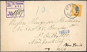 29. DWI. 50 BIT on registered envelope to New York, cancelled "St. Thomas 13.2.1908". "New York 2-24 1908" at reverse.