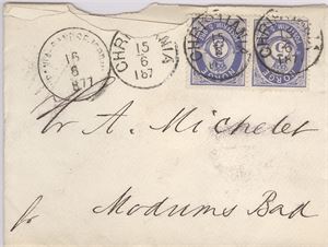 NK 24 I Par på brev st. Christiania 15/6-1877, sidest. Christiania-Randsfjordbanen 16/6-1877, sendt til Modum Bad.  Konv. Avrevet oppe.
