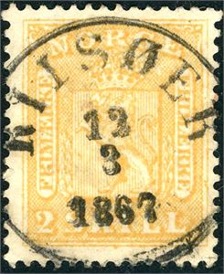 6. 2 skill, rettvendt fullstemplet "Riisøer 13.3.1867".