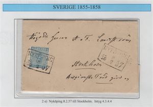 F2e 4 skill b:co på brev med fyrkantstämpel NYKÖPING 8.2.1857  intyg, H.O.W, " very nice and fresch" 4,3,4,4