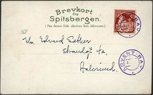 Spitsbergenmerke nr 2. 20 øre Spitsbergenmerke på dekorativt postkort, stemplet "Advent-Bay 18--" og adressert til Aalesund.