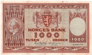1000 kroner 1972 G.2001778 erstatningsseddel. Kv.1