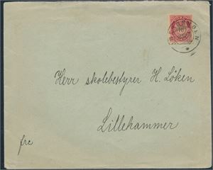 Ubergsmoen 18 XII 09 på brev med Nk 77. Sent til Lillehammer. Tvedestrand bak