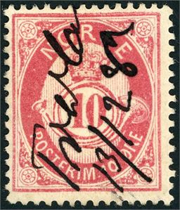 37 II. 10 øre Posthorn 1883, anert med håndskrevet "Tverla 13/12 89" (Tverlandet, NO).