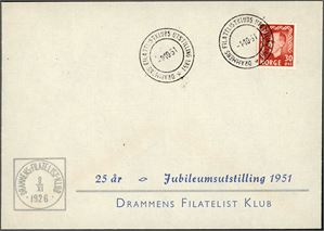 396. 30 øre Haakon på uadressert konvolutt fra Drammen Filatelist Klub, stemplet "Drammen Filatelistklubs Utstilling 1951 1.10.51". (1.600,-).