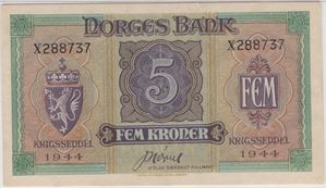 5 kroner 1944 X.288737. Kv.01
