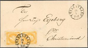 2. 2 skilling Oscar i horisontalt par på brevomslag, stemplet "Tvedestrand 27.4.1862". Ankomststemplet "Christianssand 28.4.1862" på baksiden.