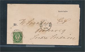 Nk 16 Ib på korsbånd stemplet "CHRISTIANIA 3-1-1874". Ankomststemplet "AALESUND" bak