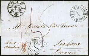 Komplett brev, stemplet "Øster Riisoer 4.9.1849" i sort og sendt til Livorno, Italia. Påskrevet "Franco Hamburg", men betalt 59 skilling til den Italienske grensen. Stemplet "Controllo" og "Austria" på forsiden. "Hamburg" og ankomststempel på baksiden.
