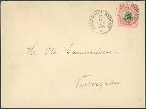 Arendal Bypost nr. 5. 5 øre Provisorie på konvolutt, pent stemplet "Arendal Bypost 12.11.1885". Ex Pihl.