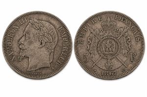 FRANKRIKE 1867 A, NAPOLEON III 5 Francs 25 gr. 0.900 silver  Kv 1/1+