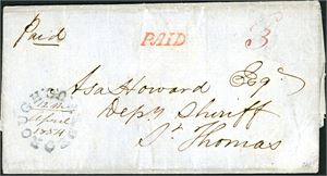 A complete letter to St. Thomas, with postmark "Paid" in red an handwritten postage "3". On reverse two ring "St. Thomas Apr. 13 1854" cds in red.