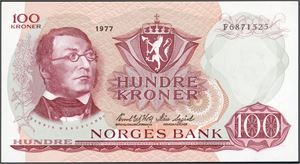 100 kroner 1977, serie F 6871525. 0