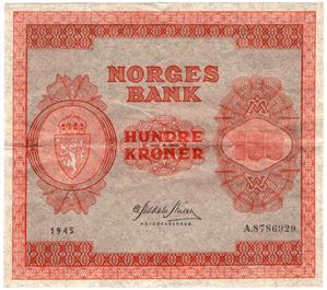 100 kroner 1945 A.878629. Kv.1/1+