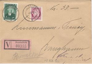 Hjelpestempel Brøstadbotn 31-12-49 (Hj.st) (Tr) på pent verdibrev med lakksegl fra postkontoret bak