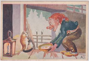Signert Vigdis Rojahn,  Nisse med grøt (Serie 214)  st. 1947   Storf.