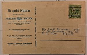 USA, nyttårskort fra Nordisk Tidende frankert med 1 cent med precancel.