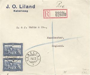NK 180 Par 30ø Hellig Olav på rek.brev st. Kabelvåg 7-VI-32. Fin firmakonvolutt, sendt til England