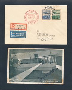 MOTIV: ZEPPELIN TYSKLAND Feltpostkort stemplet "AUGSBURG 4-7-16" og brev stemplet "STUTTGART 6.5.36". Se foto begge sider, merkene på brevet er  noe flekkete