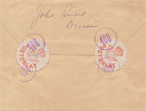 Oblatstempel  DOMBÅS (OP), stemplet TA -2-10-44 på bankobrev til Lillehammer frankert med NK 250. Baksiden med to store røde postoblater og klare avtrykk av oblatstempel nr. 408 i fiolett farge. Ikke registrert i oblatboka.