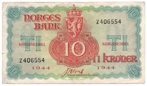 10 kroner 1944. Z.406554. London Utg. Kv.1/1+