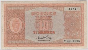 10 kroner 1952 V.4254506. Kv.0