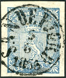 1. 4 skilling våpen 1855, stemplet "Sandefjord 5.6.1856". Gode marger.