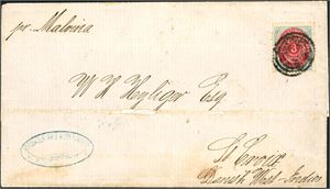 DWI. 3 c bicoloured (2. print) on entire to St. Croix, cancelled with a stump postmark.The company name "Moses & Søn G. Melchior" is stamped on the left siide together with handwritten "pr. Malviria". The entire with som remark, but not desterbe the stamps. On reverse handwritten "Frederiksted 11/1 79" and "Christiansted" cds.