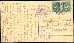 76. To 5 øre Posthorn på postkort, laget av finer, stemplet "Akerhus N.K.S. 9.9.1908" og sendt som brev pga. kortes vekt.
