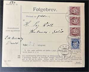 Følgebrev stemplet "STAUBØ 28 VIII 20" til Kirkenær (Grad 3)