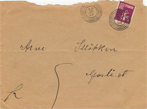 IV-243 (t.1) - Pent avtrykk på brutalt åpnet konv. med 20 øre løve I, utgitt 1922. Kan være fra VALØEN (NT / 8, 1922-1928) eller VANNØY-HAMRE (TR / 4, 1928-1935).